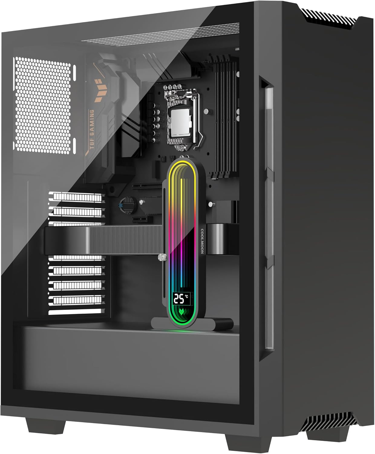 (3.5-15cm) Höhenverstellbare GPU-Halterung   ARGB-Infinity-Spiegel / Temperaturanzeige & 3-Pin-Anschluss / Anti-Durchhang-Stütze - Schwarz