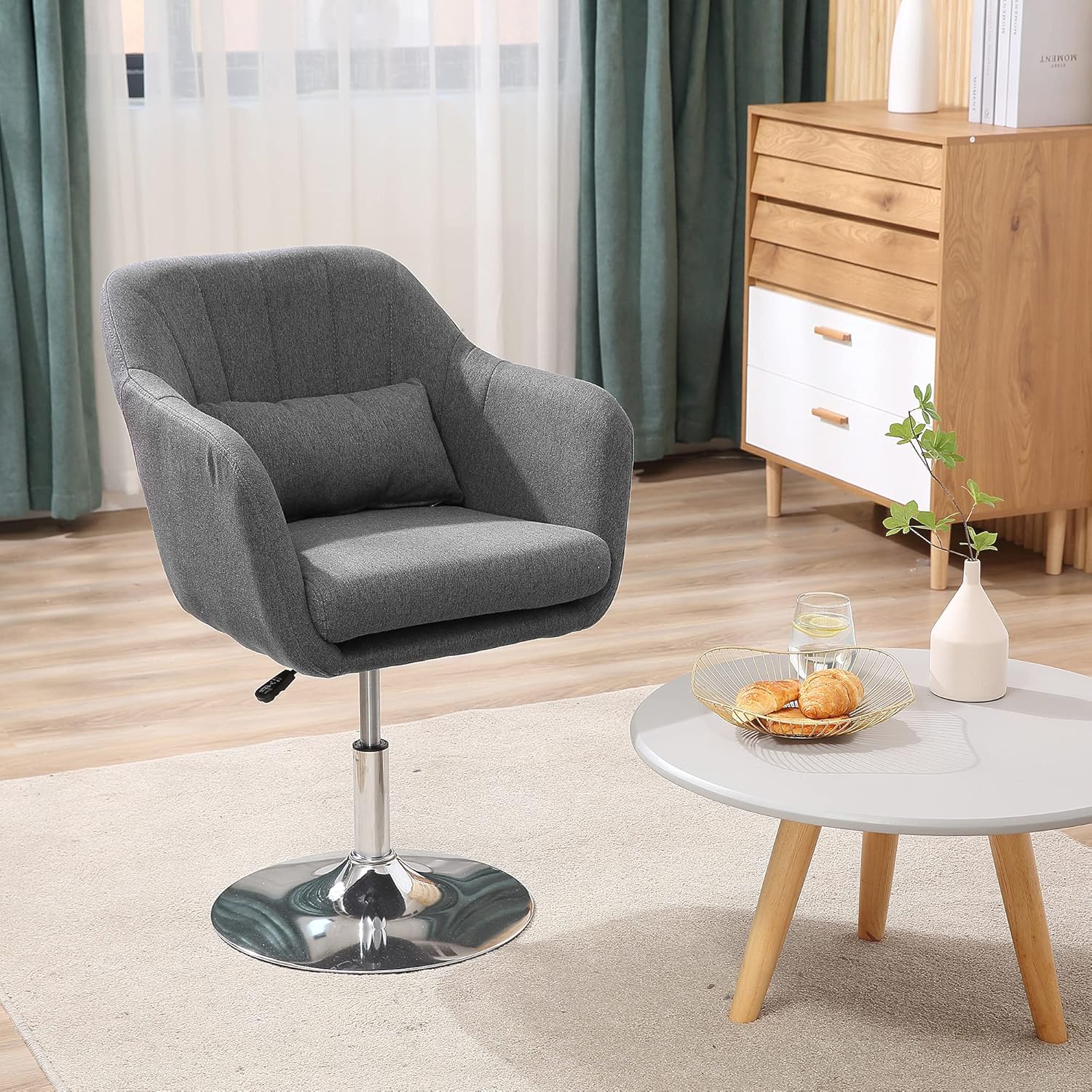 HOMCOM Sessel Loungesessel mit Armlehne, Lendenkissen, Gepolstert Relaxsessel mit Metallrahmen, Leinenoptik, Höhenverstellbar Drehstuhl für Schlafzimmer, Wohnzimmer, Dunkelgrau