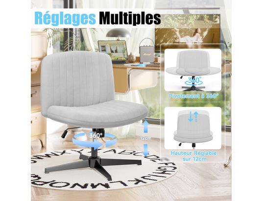 RATTANTREE - Chaise de bureau Fauteuil de bureau large sans accoudoirs gris clair