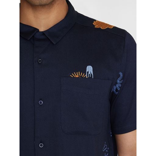 Knowledge Cotton Apparel Broderet Print Skjorte, Night Sky, XL
