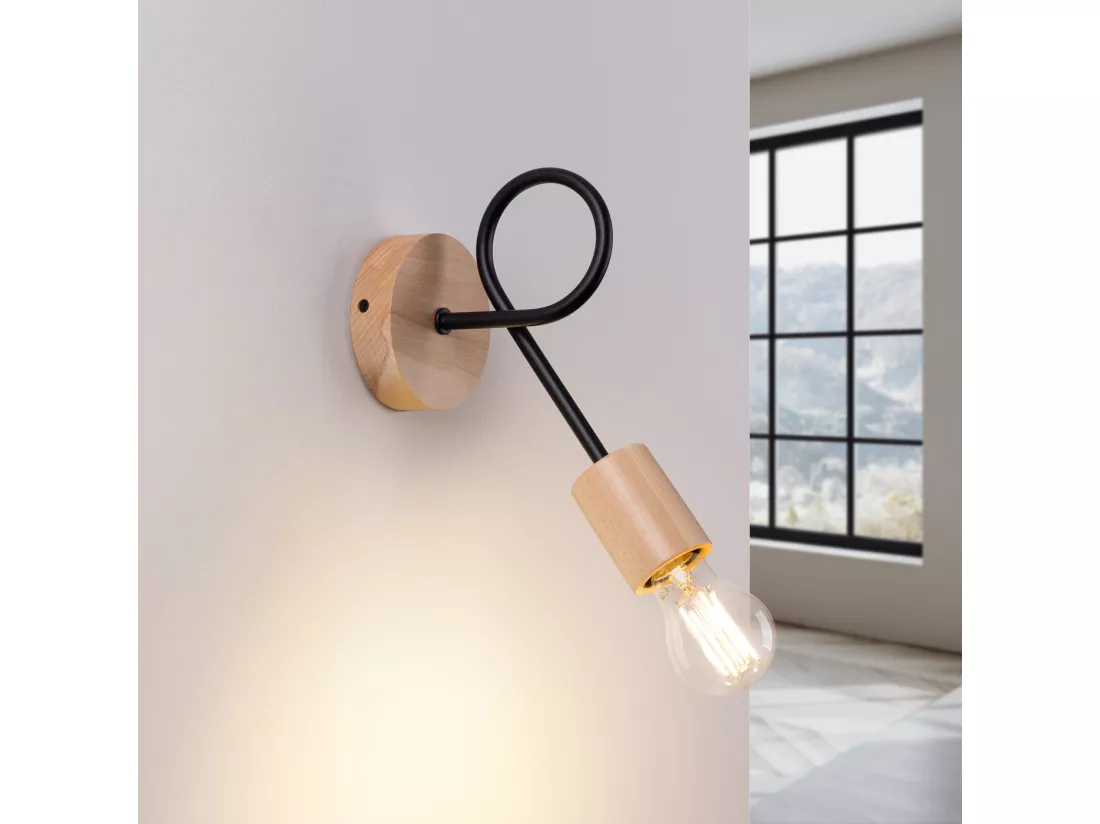 Applique Ember minimaliste en acier/bois - 1 sources lumineuses - L.10 x H.24 cm - noir/bois naturel