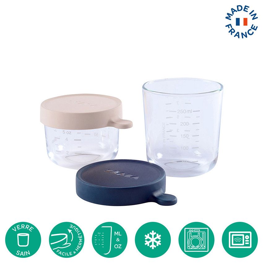 Set de 2 pots de conservation en verre 150/250ml - Bleu/Rose Foncé - Ecru