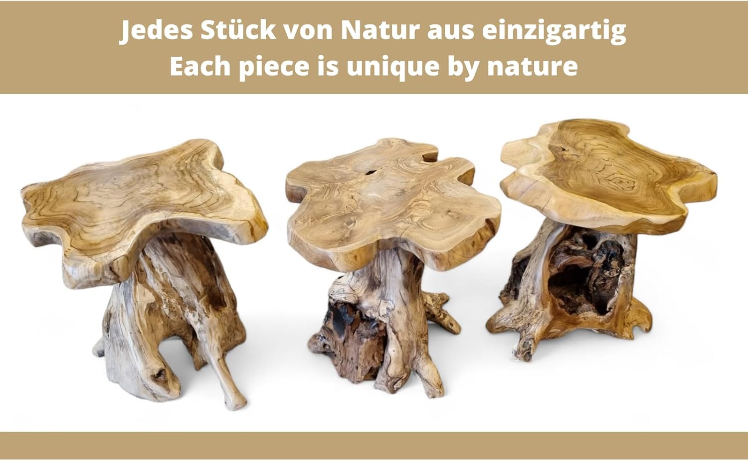 Kinaree Holz Beistelltisch mit Baumscheibe ALOR Setar mit Ø ca. 60cm - Kleiner Wurzelholz Couchtisch aus massivem Teak in rustikaler Optik mit Tischplatte aus Wurzel Baumscheibe (50 x 55-60 cm)