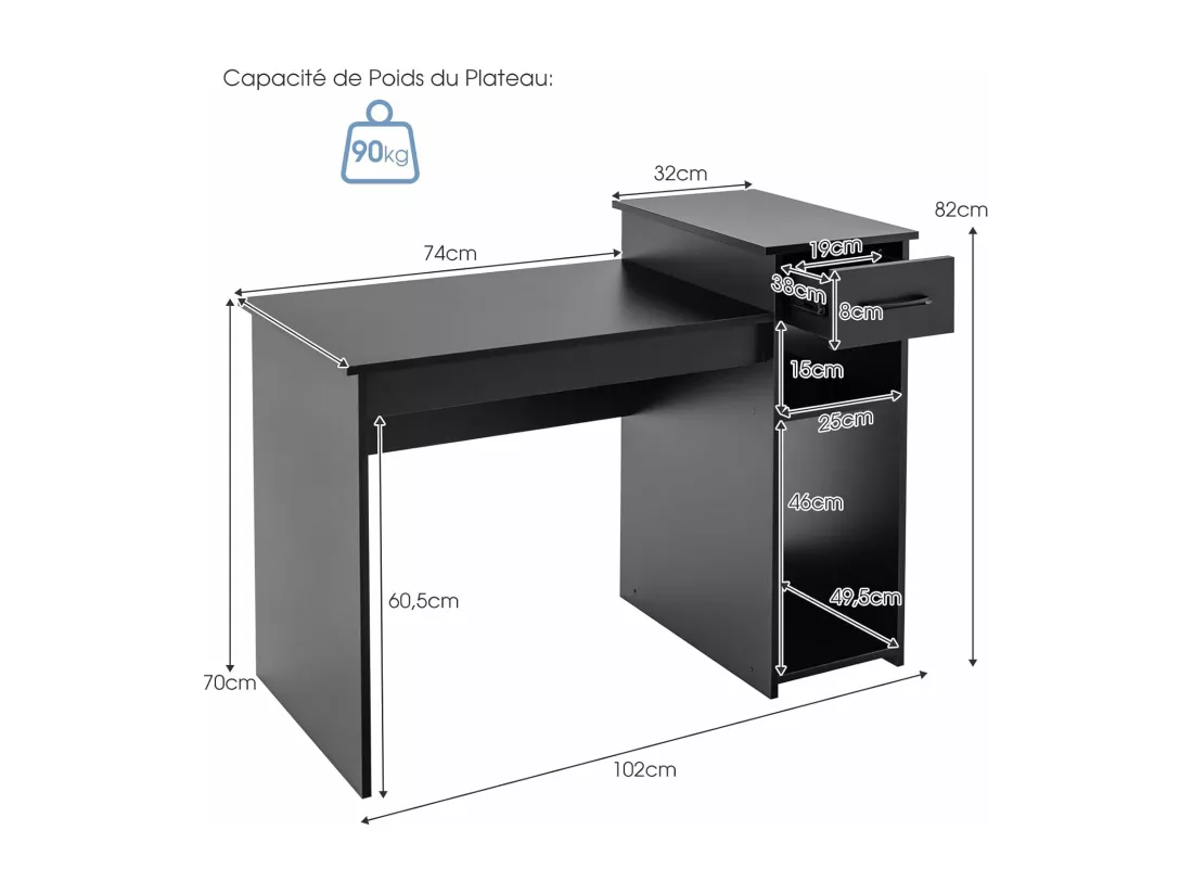 Bureau Informatique avec Tiroir et Support PC, Bureau d’Ordinateur en MDF avec Étagère de Rangement à 2 Niveaux, Table de Travail pour Ordinateur, 102 x 50 x 82 cm (Noir)