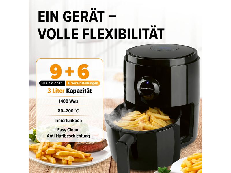 GOURMETmaxx Heissluft-Fritteuse Digital 0.5 kg, Schwarz Heissluftofen, Grill und Fritteuse in einem Gerät