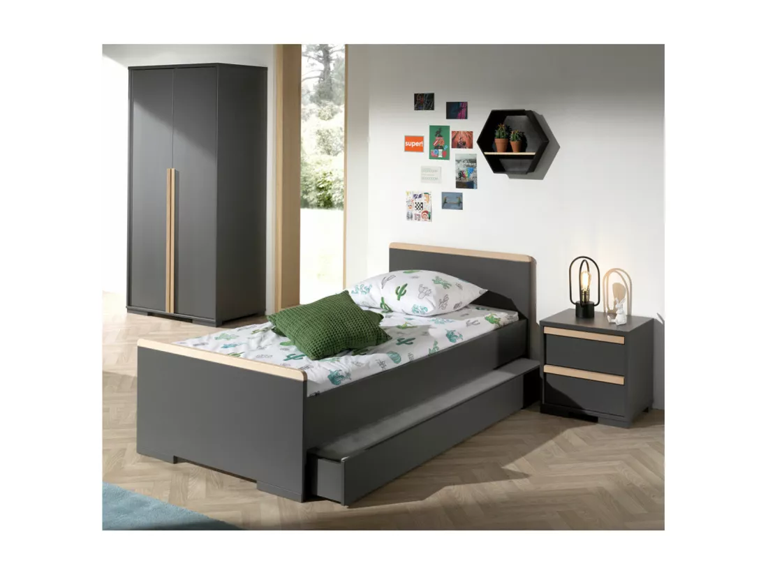 NASH DARK - Chambre 90x200cm + Armoire 2 Portes