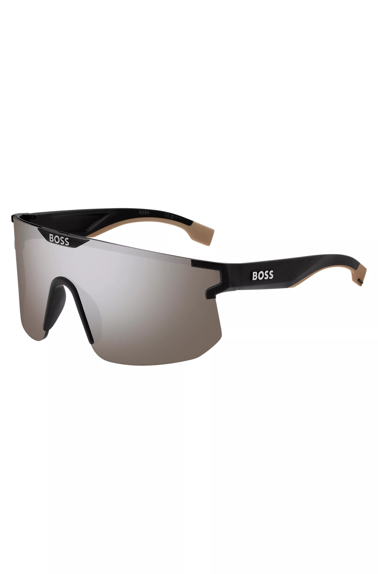 Óculos de sol BOSS pretos, estilo máscara, com hastes e ponte personalizadas com a marca.