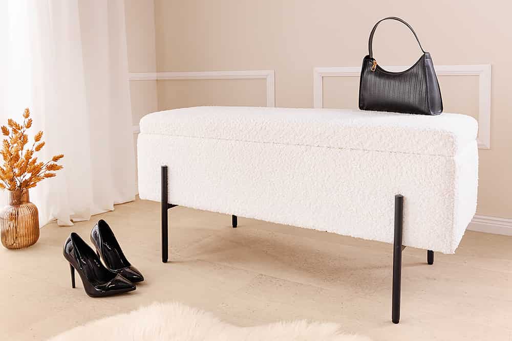 Moderne Truhenbank LOFT 100cm weiß Bouclé Sitzbank mit Stauraum gepolstert schwarz Metall