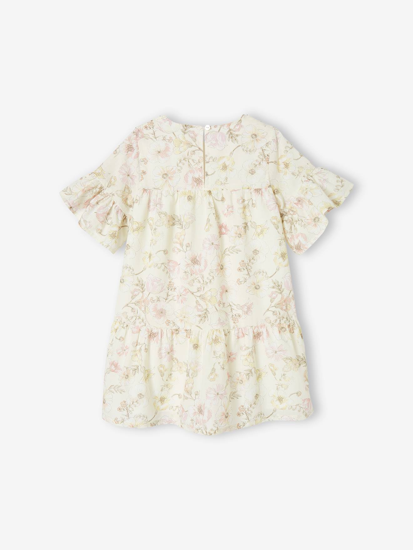 Vestido de festa off-white com babados e estampas florais para meninas.