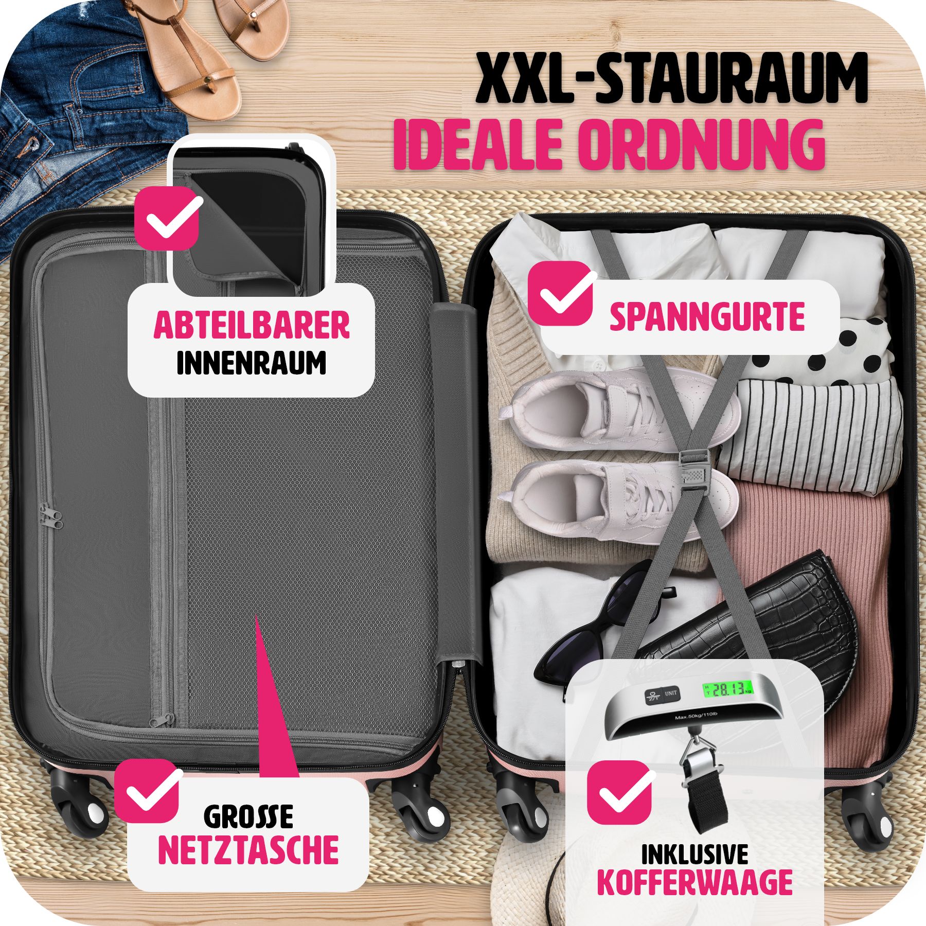 tectake® Hartschalenkoffer-Set, 4-teilig, 3 Trolleys, 1 Beauty Case inkl. Kofferwaage und -anhänger, 360° drehbare, abnehmbare Rollen, mit Sicherheits-Zahlenschloss