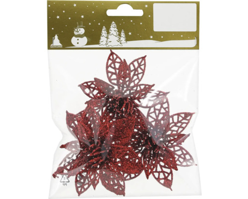Kerstversiering, bloemen, rode glitter, 3 stuks