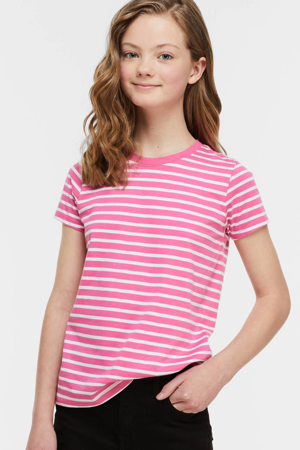 anytime gestreepte T-shirt koraalroze