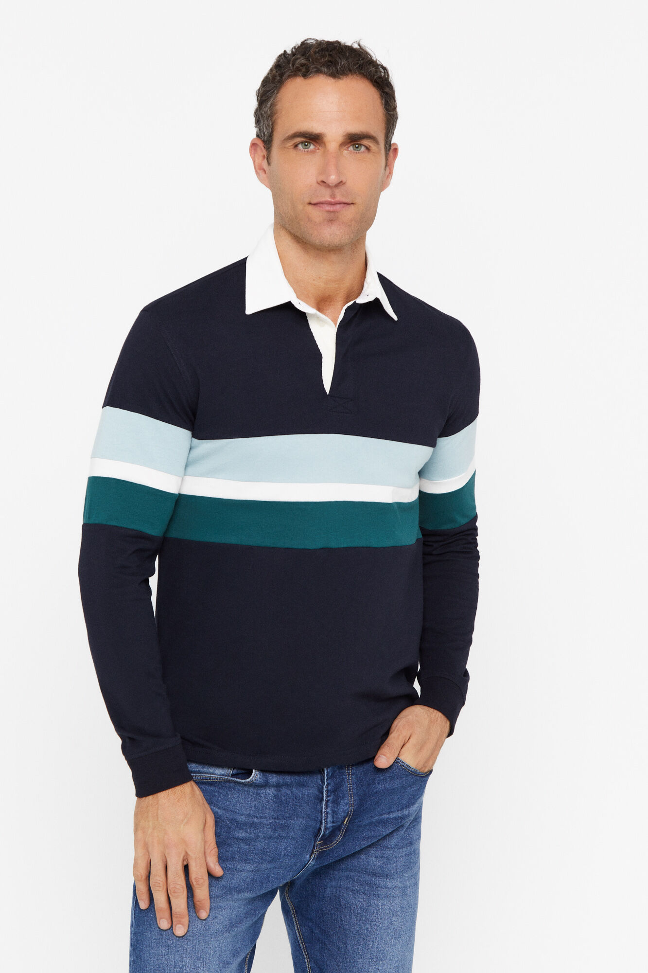 Polo de rugby com tecido contrastante - Azul marinho