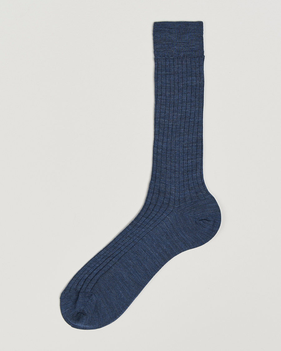 Bresciani Wool/Nylon Ribbed Short Socks Blue Melange