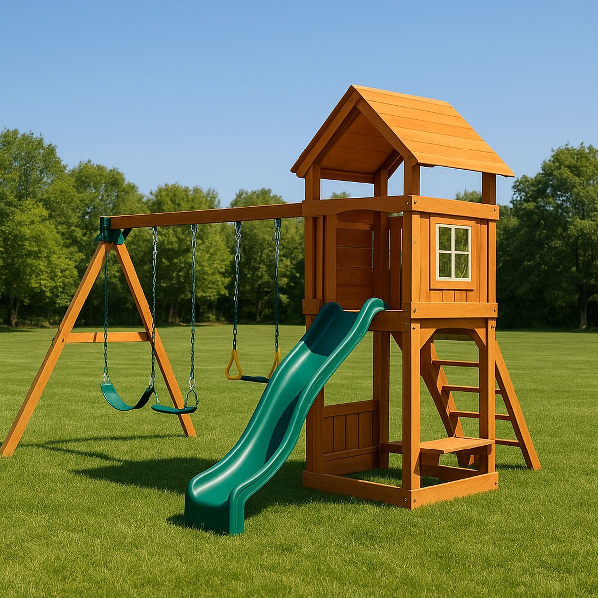 Kinderspielplatz mit Schaukel und Rutsche aus Holz und Kunststoff Grün