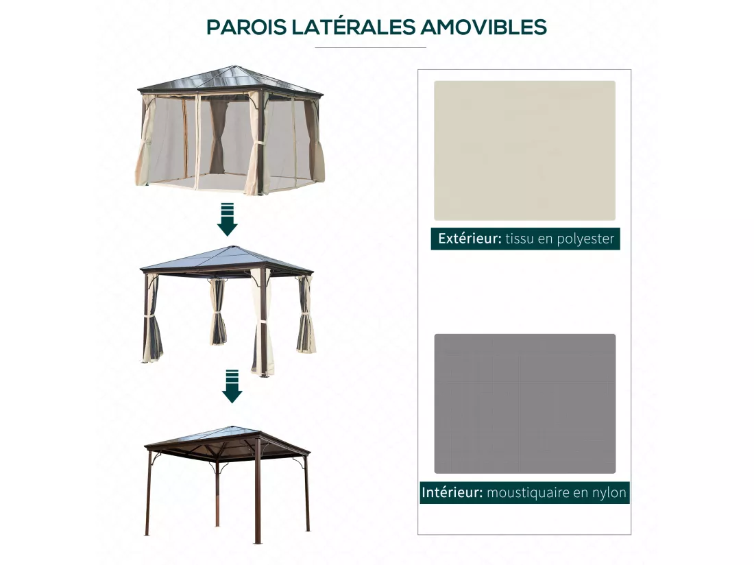 Tonnelle pavillon de jardin imperméable 4 parois latérales anti-UV 4 moustiquaires panneaux polycarbonate alu 3L x 3l x 2,6H m chocolat beige