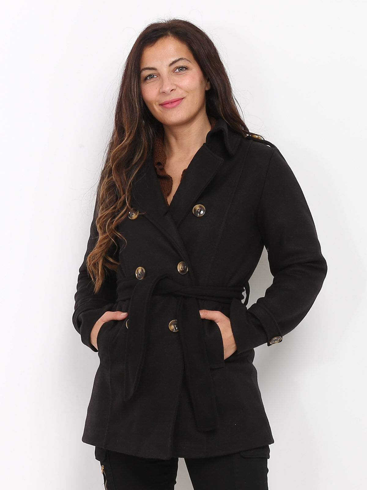 Manteau court ceinturé- Noir
