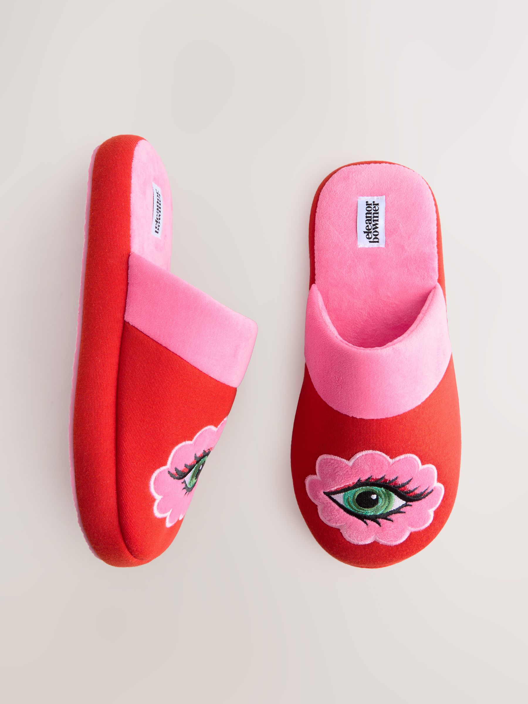 Eleanor Bowmer Red/Pink Eye Embroidered Mule Slippers