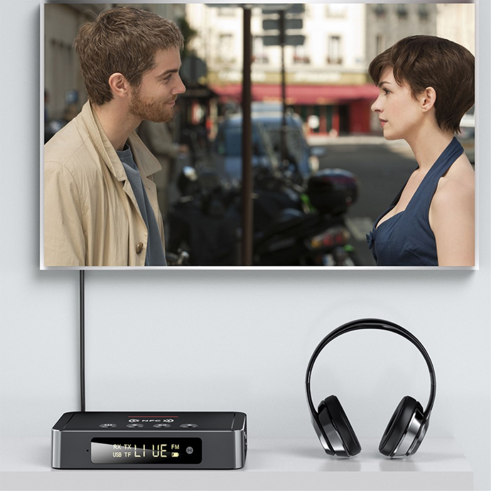 NFC Bluetooth 5.0 HD Audio FM Transmitter / Receiver mit LCD   Optischem SPDIF Toslink / 3.5mm Klinke / Coaxial / Cinch inkl. Fernbedienung - Schwarz