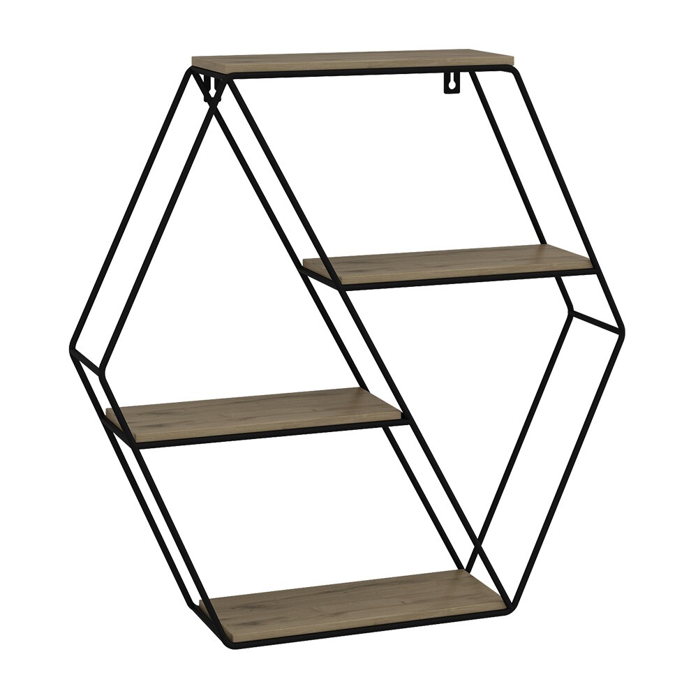 Vicco Wandregal Fyrk, hexagon, 51 x 52 cm, Eiche Schwarz, Metall, Hängeregal, Industrial