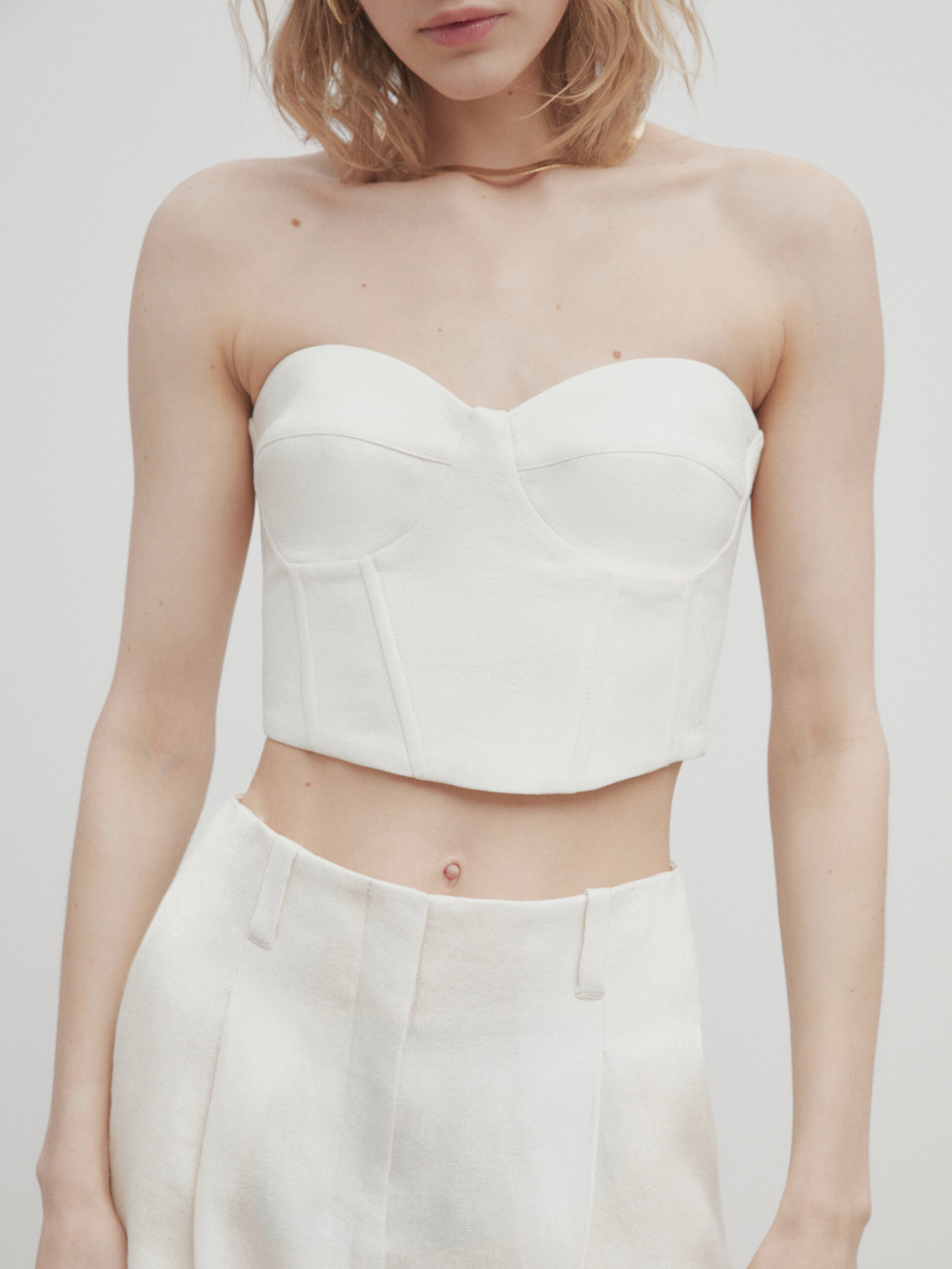Top bustiê em linho jacquard - Studio - BLANCO