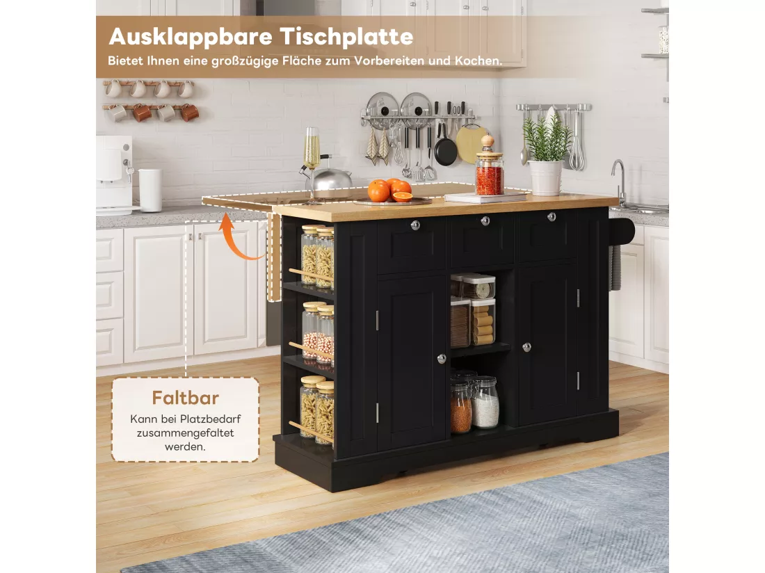 Ilot central de cuisine mobile avec 3 tiroirs, 2 portes et étagères - plateau extensible - 132 x 40/70 x 87 cm - Bois MDF - Noir + naturel