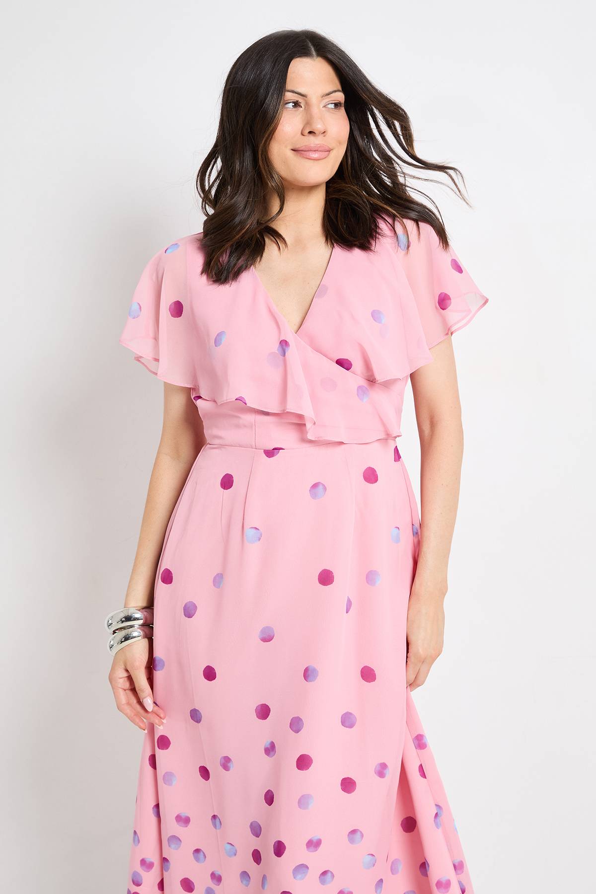 Wallis Robe Midi À Manches Cape Et Bordure À Pois
