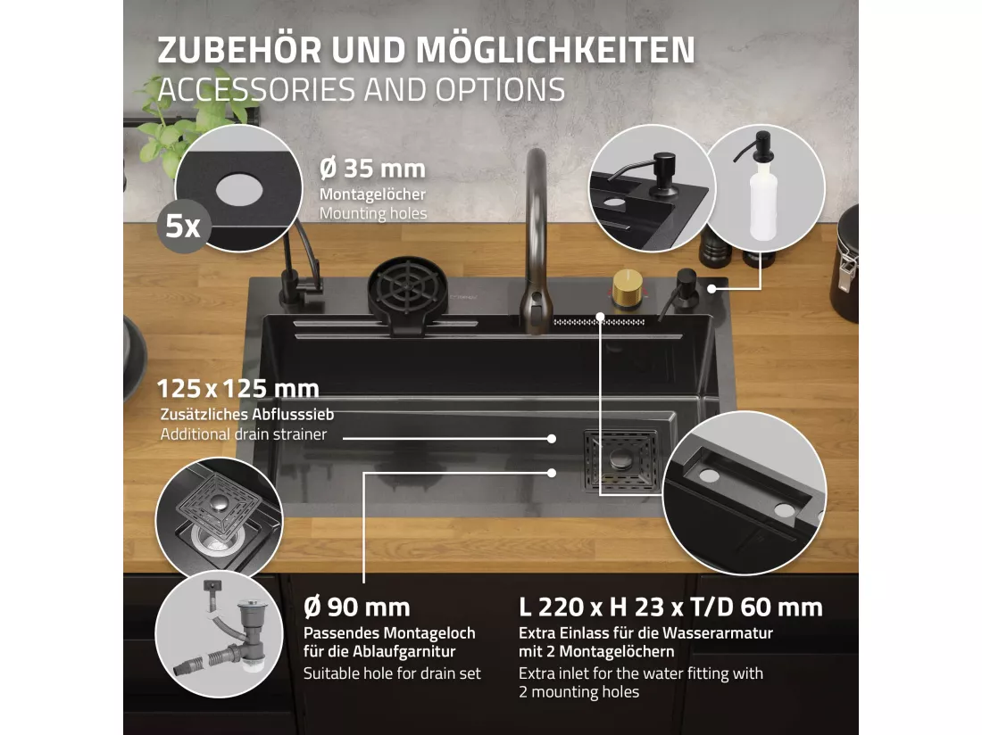 Évier de cuisine encasté multifonctions robinet douchette 75x46 cm anthracite