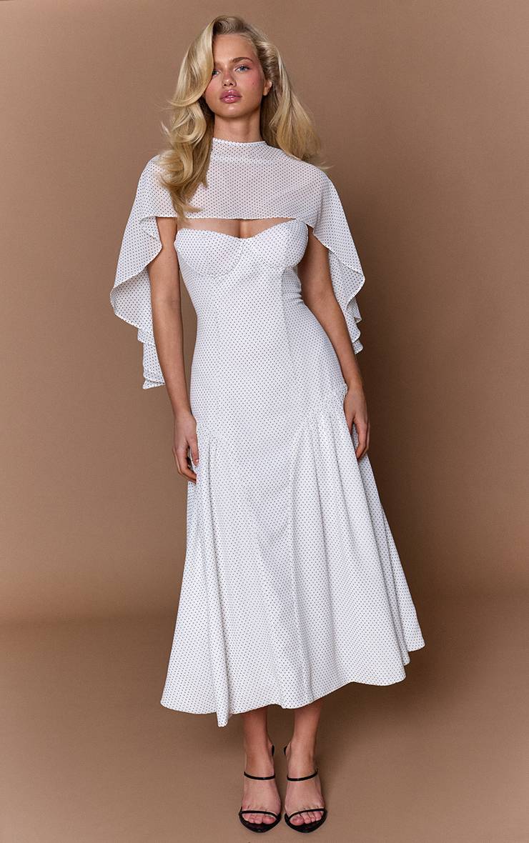 Blanc Robe Midi Patineuse Bustier À Pois Mini En Mousseline Avec Détail Cape