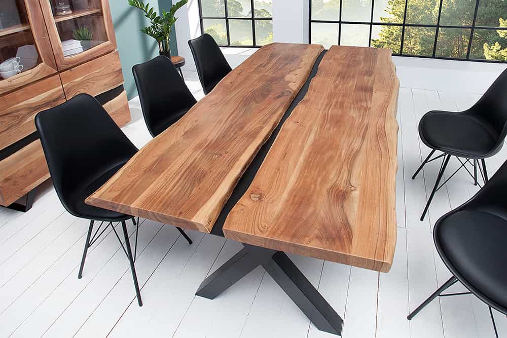 Massivholz Esstisch AMAZONAS 200cm natur Akazie Metall X-Gestell schwarz Baumkante