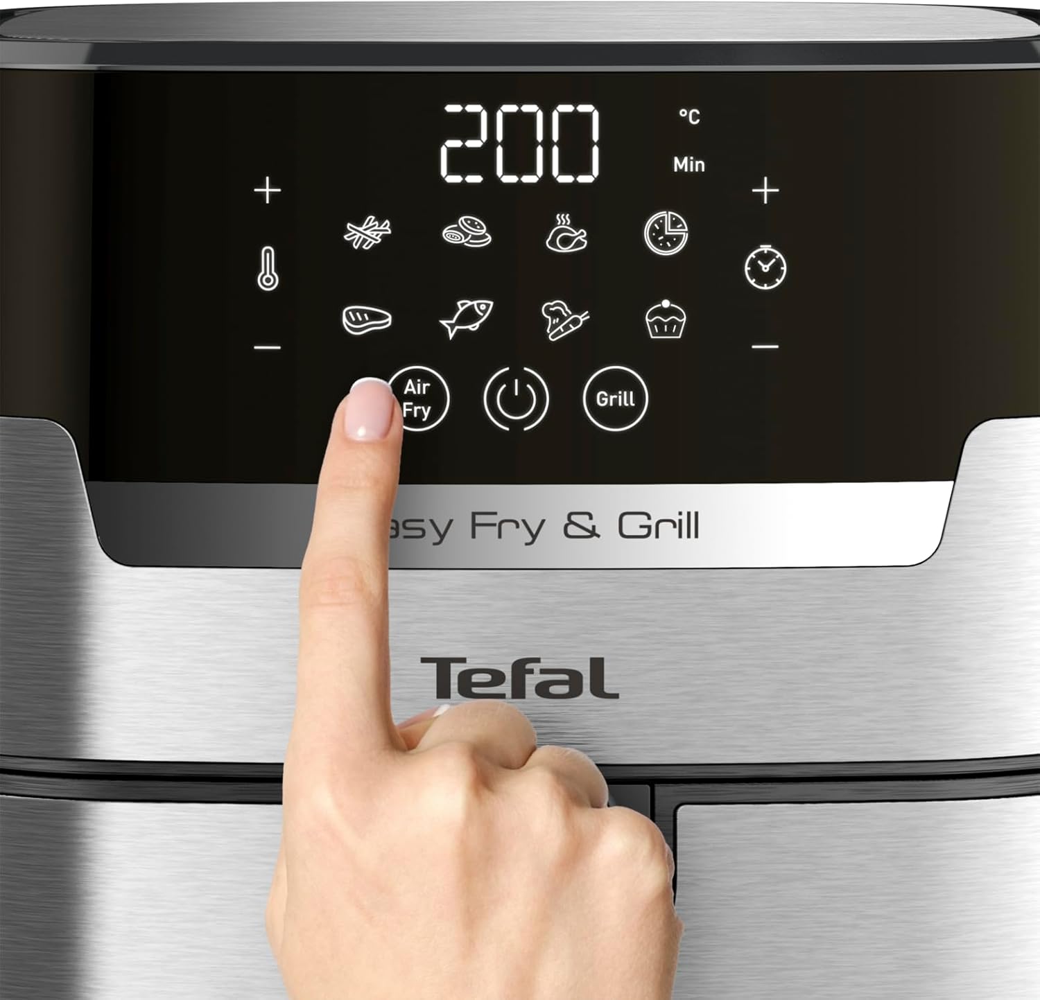Tefal Easy Fry & Grill Heißluftfritteuse, 2-in-1 Technologie Air Fryer und Grill, Digitales Display, 4,6 Liter für 6 Portionen, 8 Kochprogramme, energiesparend, ohne Öl, Edelstahl, XL Volumen, EY505D