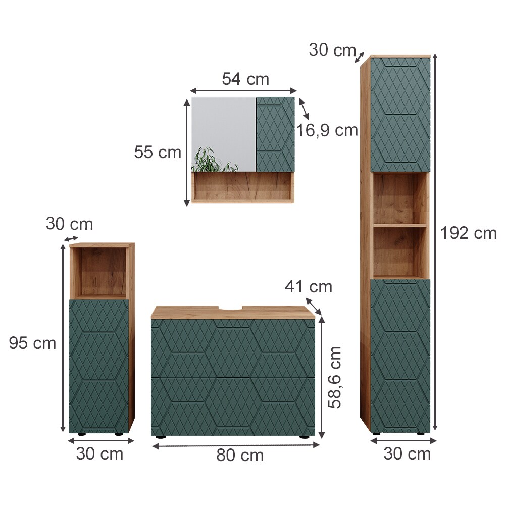 Vicco Badmöbel-Set Irma Eiche Grün 4-teilig Hochschrank Midischrank 95 cm