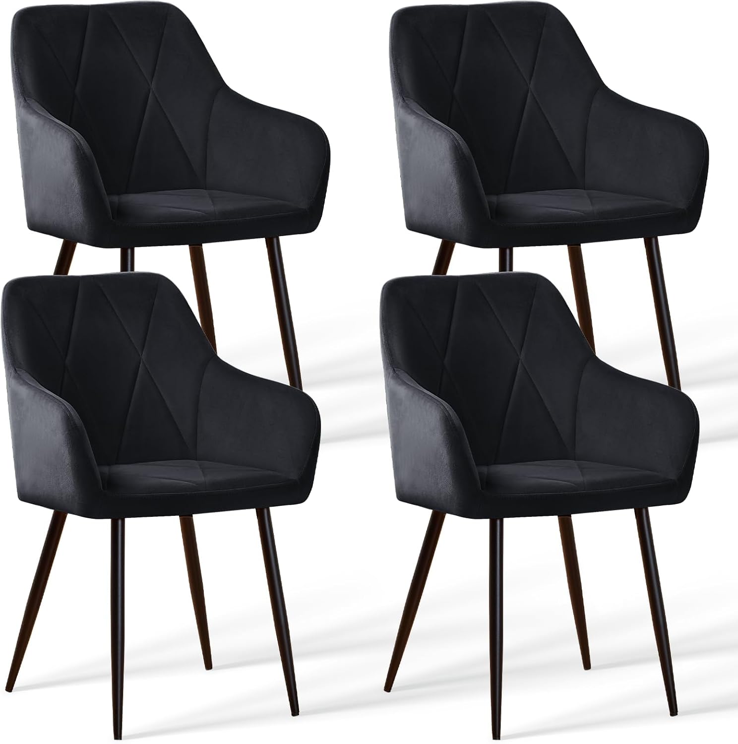 AINPECCA Esszimmerstühle 4er Set Küchenstuhl Samt Bezug Wohnzimmerstuhl mit Armlehnen, Rautenmuster, gepolsterte Sitzfläche, Metallgestell, für Esszimmer/Wohnzimmer (4, schwarz)