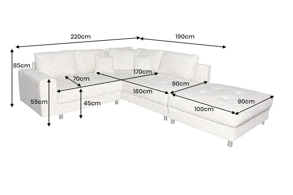 Moderne Wohnlandschaft KENT 220cm champagner beige Strickstoff Ecksofa inkl. Hocker