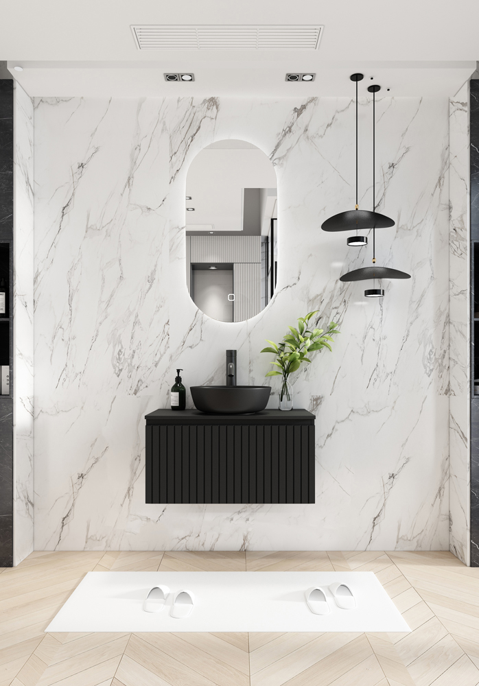 Fontana Stripe zwart badmeubel ribbelfront 80cm met zwarte waskom en ovale LED spiegel