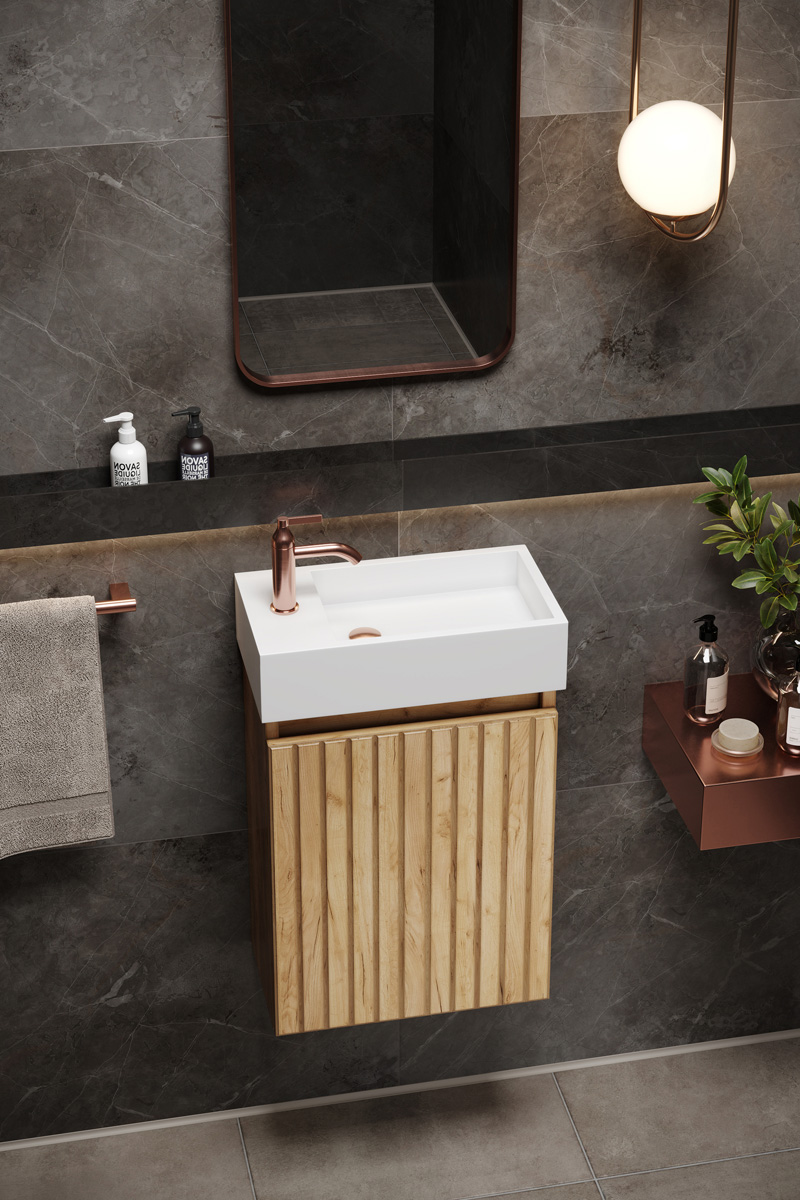 Fontana Alaska toiletmeubel ribbelfront warm eiken 40x22cm met solid surface fontein links