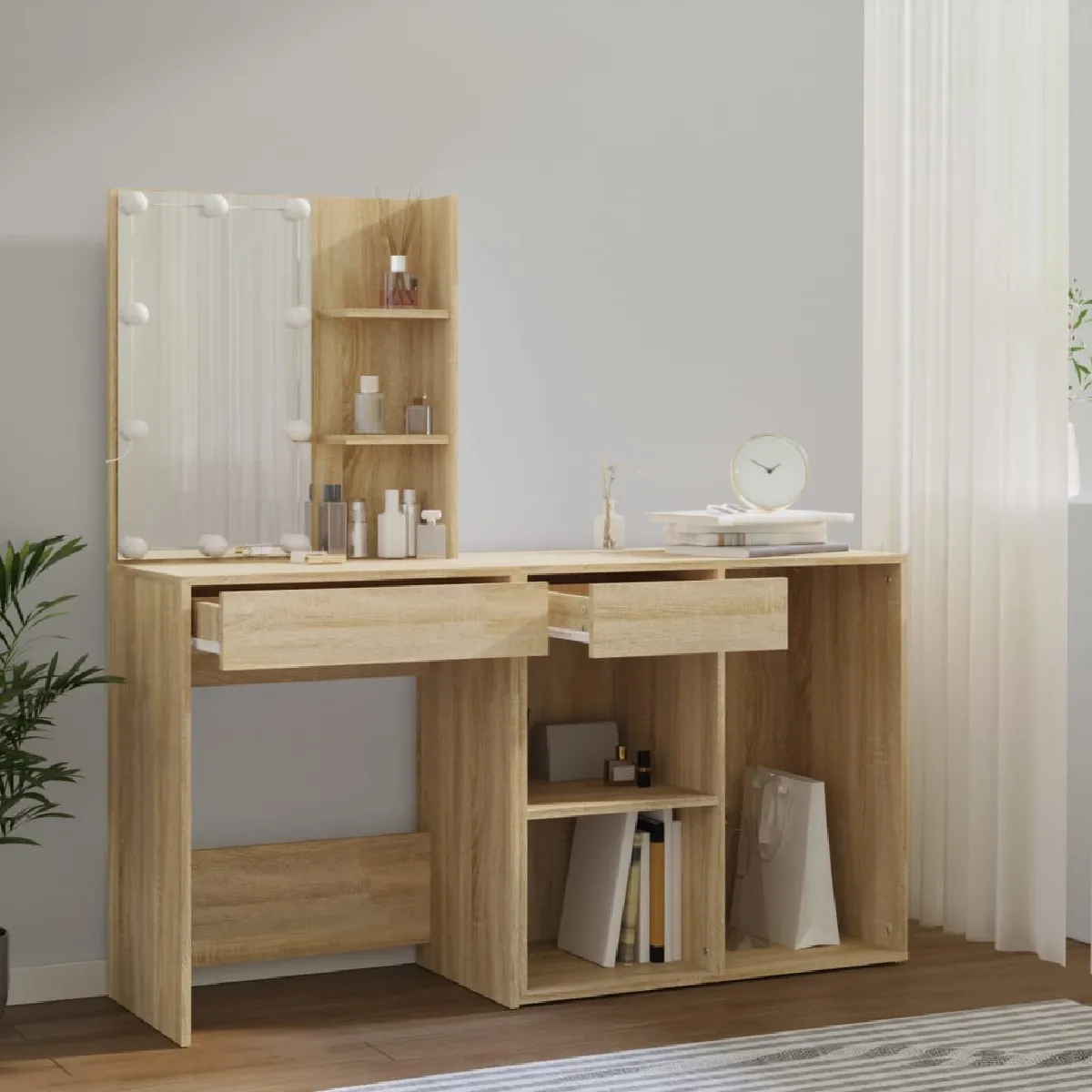 vidaXL Coiffeuse à LED Chêne sonoma avec armoire