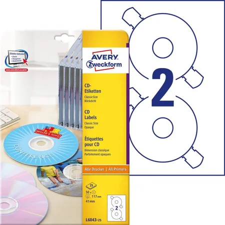 Avery Zweckform L6043-25 CD-Etiketten ClassicSize,A4 Ø 117 mm, 25 Bogen/50 Etiketten, weiß