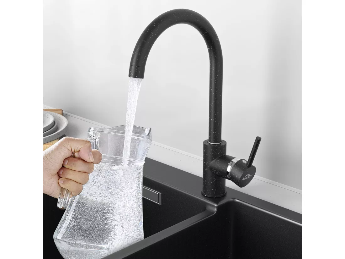 Mitigeur de Cuisine ,Noir Robinet Evier à Poignée Unique Rotatif 360° Mitigeur Cuisine à Eau Froide/Chaude en Laiton avec Aérateur Démontable