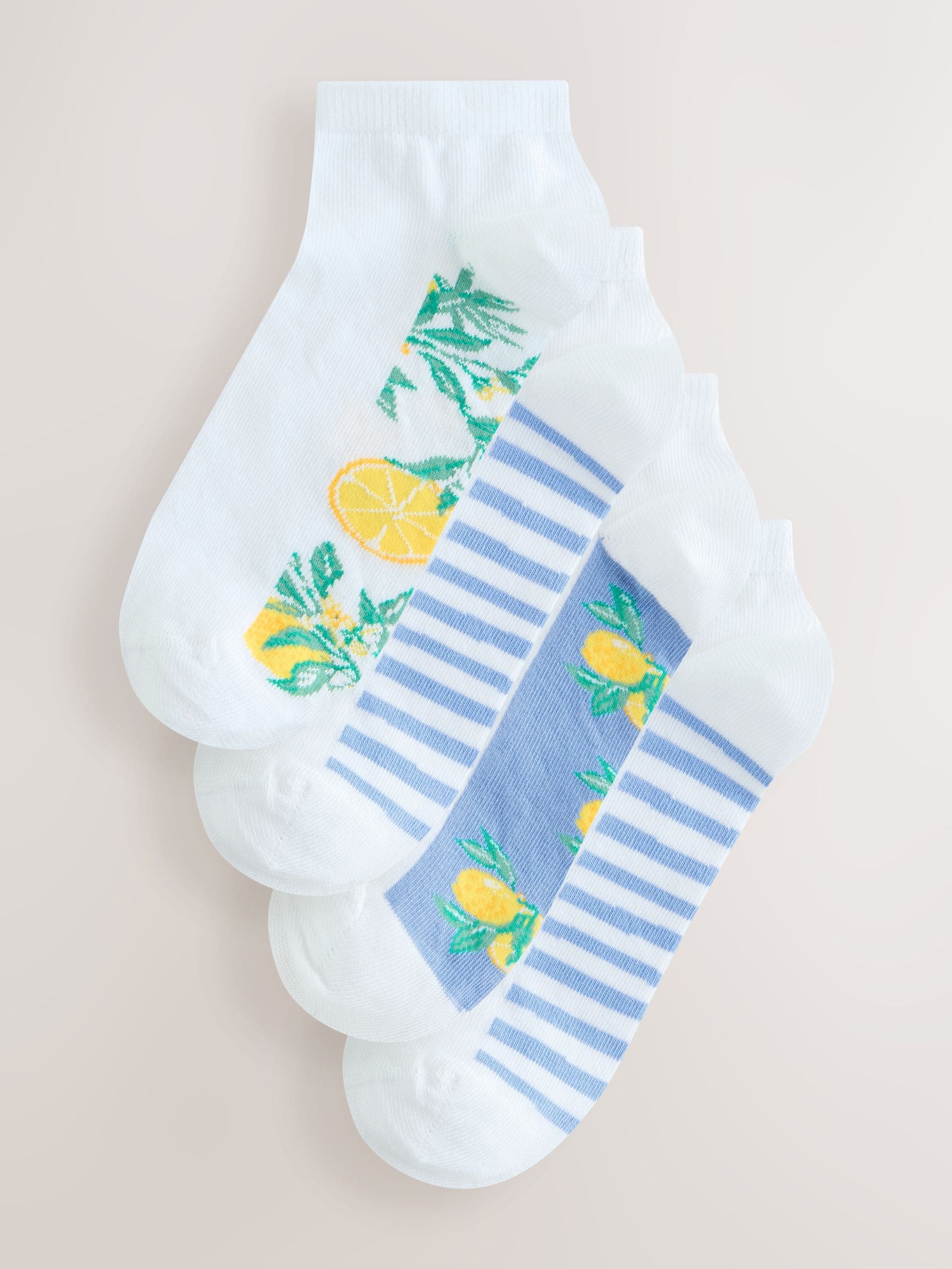 Wit/blauwe citroenenprint - 4 Paar sneakersokken met voetbed