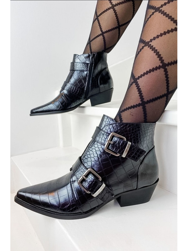 Bottines noires effet croco à double boucle - Vanessa Wu