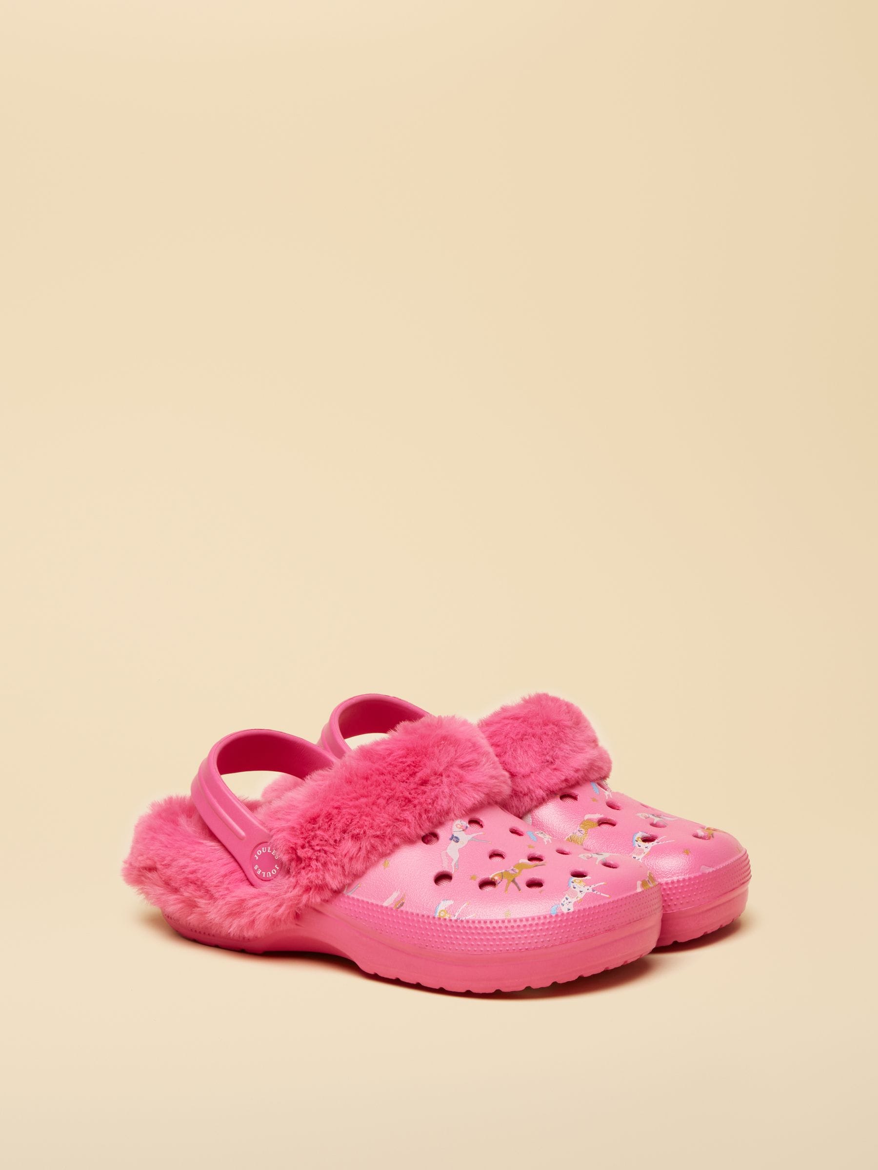 Joules Girls' Winter Poole Horse Print Faux Fur Lined Clogs