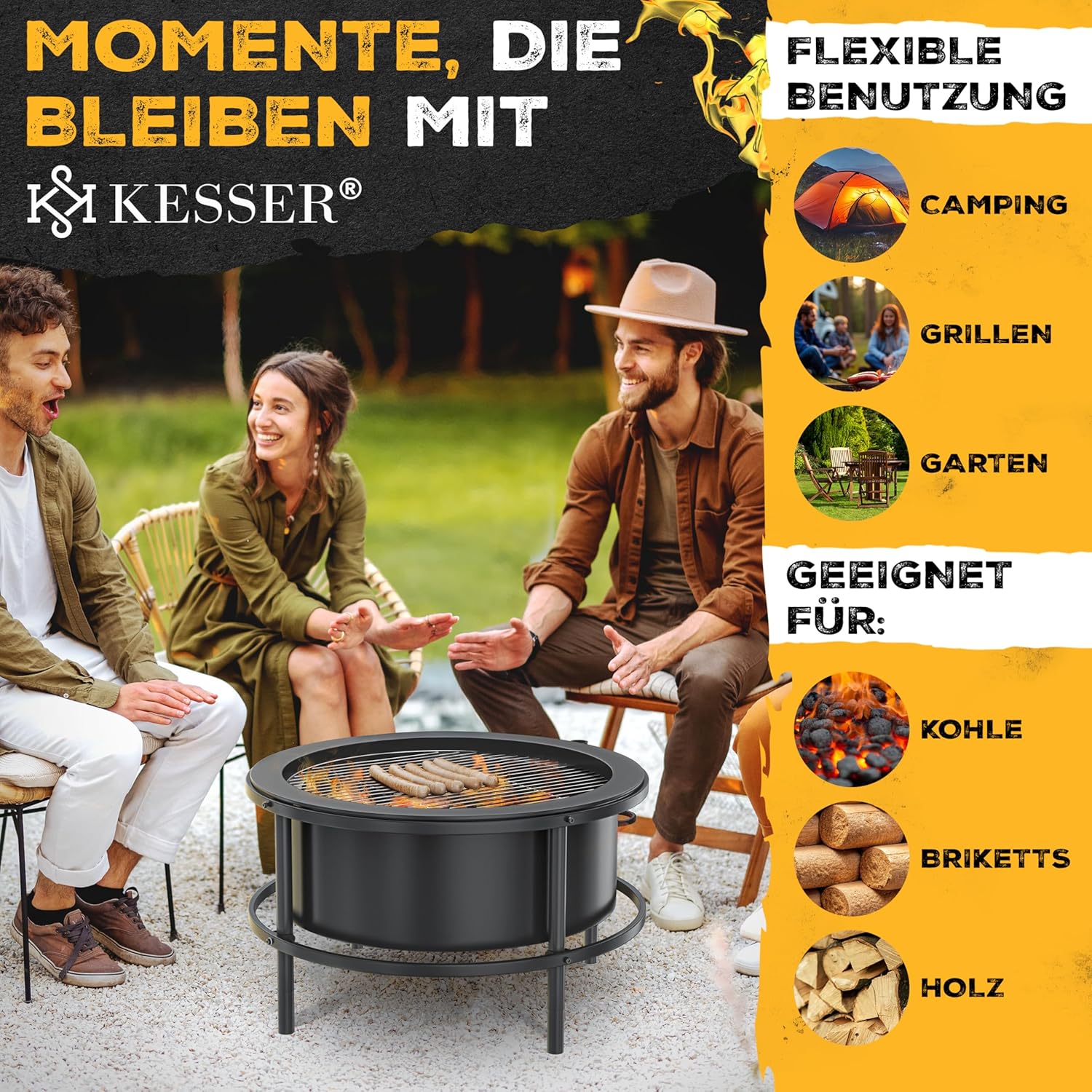 KESSER® Feuerschale mit Grillrost Ø65cm Feuerkorb 0,6mm Kaltveredelter Stahl | Mobile Feuertonne mit Reifen | Holz & Kohle Feuerstelle inkl. 60cm Feuerhaken aus Gusseisen, Ø52cm, Bürste & Cover