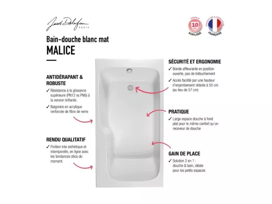 Baignoire bain douche JACOB DELAFON Malice, antidérapant, version Gauche 160x85cm, Blanc mat