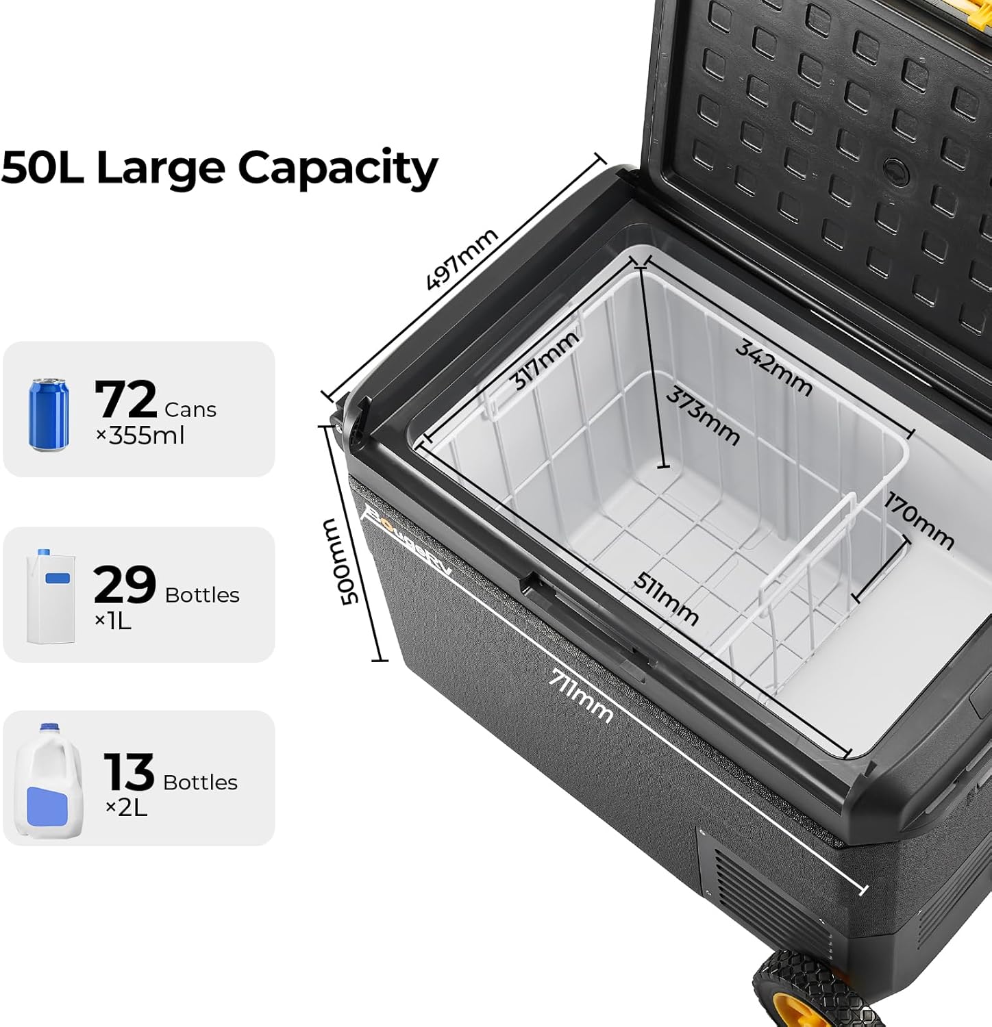BougeRV CRS 50L Kompressor Kühlbox mit Griff Rollen Auto Kühlbox 12V 230V mit APP Steuerung Integrierter Korb, Gefrierbox Camping Kühlschrank Elektrisch IPX4 wasserdicht für Reisen Boot Angeln -20℃