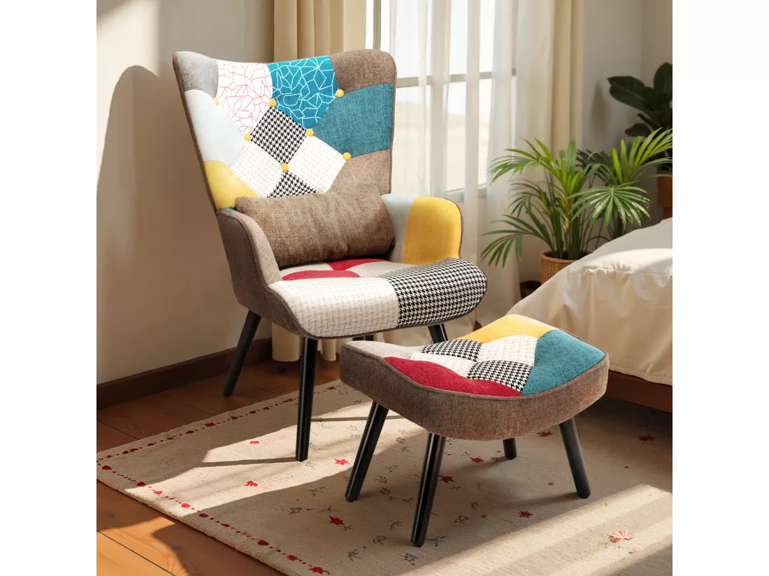 Fauteuil à oreilles fauteuil de relaxation avec tabouret fauteuil patchwork fauteuil à oreilles fauteuil salon