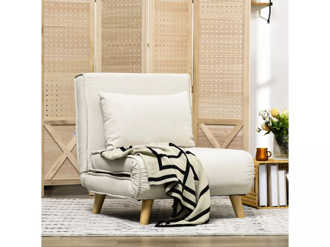 Fauteuil chauffeuse canapé-lit convertible 1 place - coussin inclus - style scandinave tissu beige clair