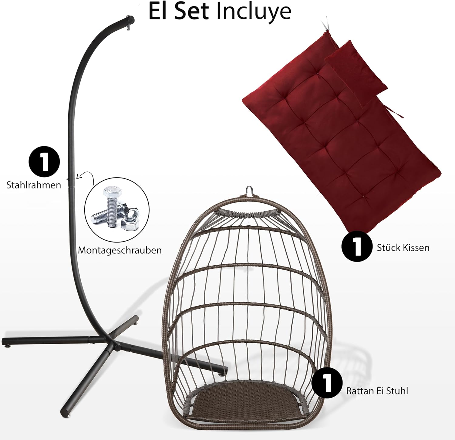 SereneLife Hängesessel mit Gestell Rot – Schaukelstuhl Relaxsessel bis 250kg Faltbarer Hängesessel mit dicken Kissen für Balkon, Garten, Indoor - Wetterfest & platzsparend