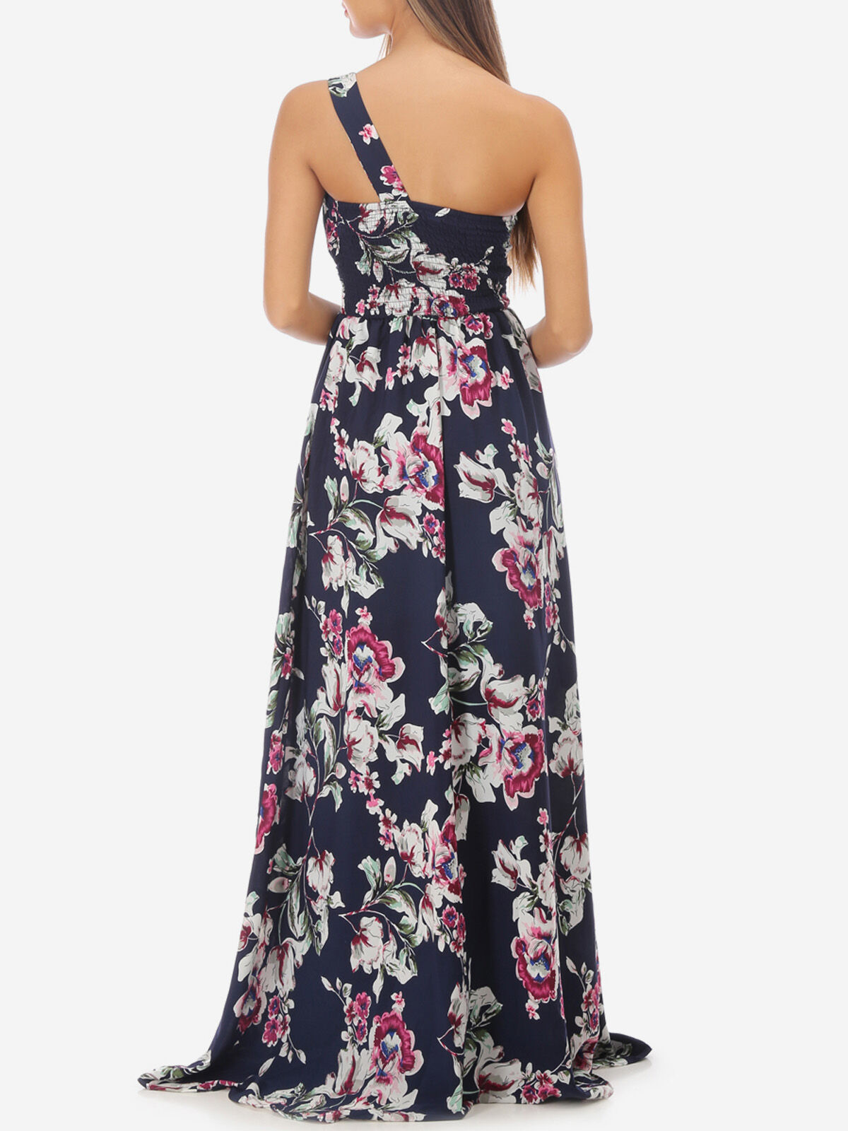 Robe longue asymétrique fleurie- Bleu marine
