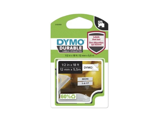 Labeltape DYMO® D1 Durable sort på hvid 12mm x 5,5m